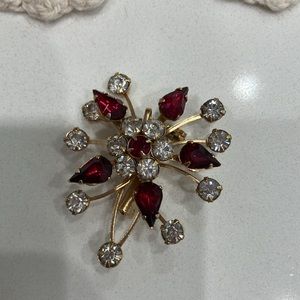 Vintage Ruby Red Stones and Rhinestones Flower Brooch